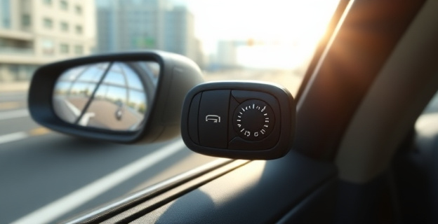Imagen de un vehículo con el botón de recirculación de aire resaltado, en un entorno de tráfico urbano con un sol brillante