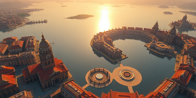 Una vista aérea de una ciudad colonial en un lago, con canales y plazas circulares, rodeada de torres de estilo europeo y templos prehispánicos, iluminada por un sol de oro al amanecer. No se incluyen personas reales, solo arquitectura y paisaje.