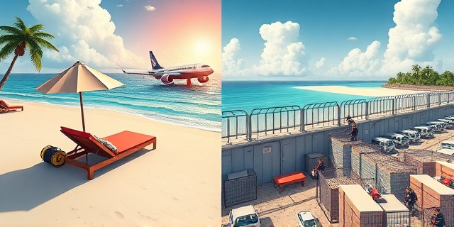 Una ilustración satírica que divide la imagen en dos: en la parte superior, una playa paradisíaca con una tumbona de lujo, un equipo de buceo y un avión de primera clase; en la parte inferior, una frontera caótica y gris con vallas y agentes de seguridad exhaustos. Estilo editorial de revista política, colores contrastados.