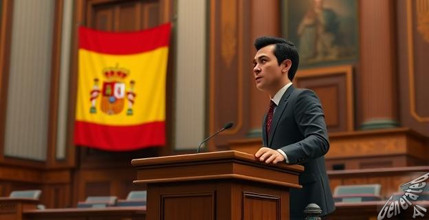 Una imagen de un hombre hablando en un podio en el Senado, con una bandera española de fondo.