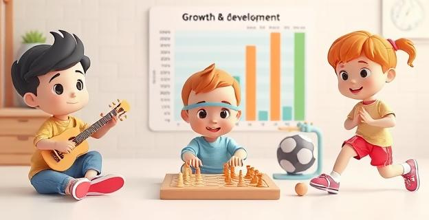 Imagen de un niño practicando diferentes actividades como tocar un instrumento musical, jugando al ajedrez y haciendo deporte, con un fondo que muestra un gráfico de crecimiento y desarrollo.
