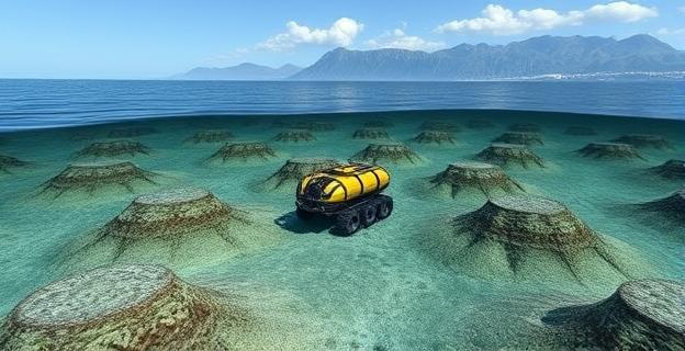 Imagen de un vehículo submarino autónomo (AUV) explorando el fondo marino con escarpes submarinos y fallas geológicas en el mar de Alborán, con montañas y costa al fondo.