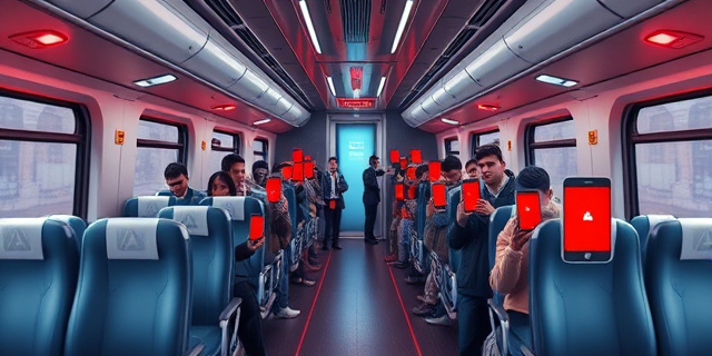 Una ilustración conceptual y satírica de un vagón de tren moderno y lujoso, donde la mayoría de los asientos están vacíos y brillantes, pero en la puerta hay una fila enorme de personas frustradas sosteniendo smartphones que muestran pantallas de error en rojo. Estilo editorial de revista, colores contrastados, atmósfera de absurdo burocrático.