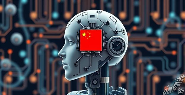 Ilustración de un robot de inteligencia artificial con un chip chino en su cerebro, rodeado de códigos y circuitos electrónicos