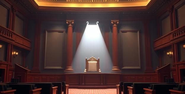 Imagen de un hemiciclo del Senado vacío con un foco sobre la silla del presidente del Gobierno, simbolizando el silencio y la falta de claridad en la comisión de investigación