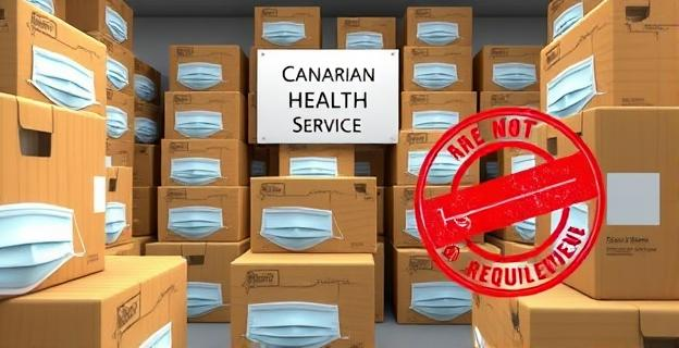 Imagen de una sala llena de cajas de mascarillas con un letrero que indica 