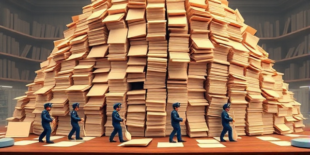 Una ilustración conceptual y satírica. Un escritorio burocrático gigante y polvoriento lleno de miles de expedientes de papel que forman una montaña insuperable. Frente a la montaña, seis figuras diminutas de policías con uniformes azules intentando mover los papeles con pequeñas cucharas de plástico. Estilo editorial de revista política, colores contrastados, atmósfera de absurdo administrativo.