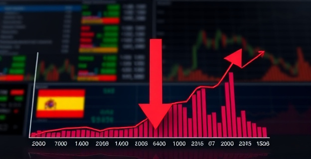 Una balanza comercial desequilibrada con una flecha descendente sobre un gráfico de exportaciones españolas y una flecha ascendente sobre importaciones, con un fondo de gráficos económicos y estadísticas