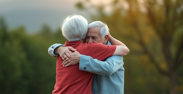 Una representación artística de una pareja mayor abrazándose en un entorno natural sereno, simbolizando la conexión emocional y el bienestar que el sexo aporta contra el envejecimiento.
