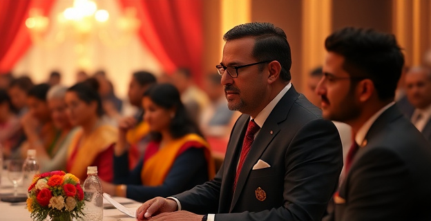 Una imagen de un embajador español en un acto oficial en la India, con un fondo de controversia y sospecha, representando el escándalo de los conciertos culturales.