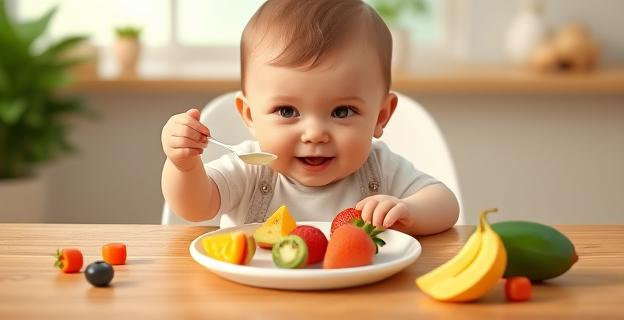 Imagen de un bebé sentado en una mesa comiendo trozos de frutas y verduras frescas de diferentes colores, con una cuchara en la mano y una papilla de frutas en un plato.