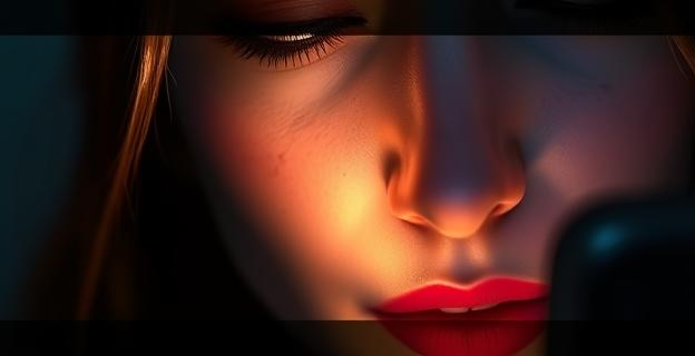 Imagen de una joven mostrando el interior de su nariz con un tabique perforado, iluminado por una linterna de móvil, en un entorno íntimo y serio.