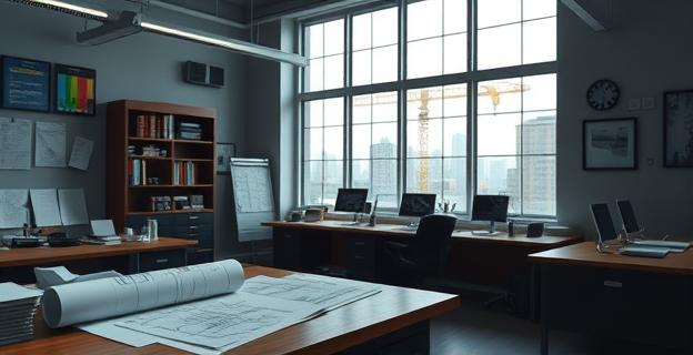 Oficina de una empresa constructora con documentos y planos de obras públicas, con un ambiente de sospecha y corrupción al fondo