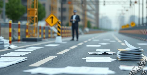 Una carretera en construcción con documentos y expedientes esparcidos alrededor, y una figura borrosa de un funcionario en el fondo revisando papeles.