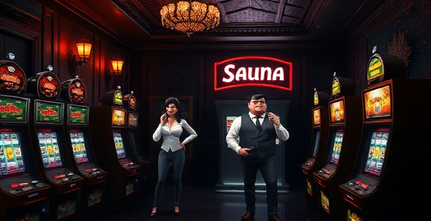 Una escena en un prostíbulo de lujo con máquinas tragaperras y clientes en un ambiente sórdido. Al fondo, un letrero que dice 