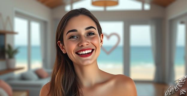 Una joven sonriendo en una casa de playa con un triángulo amoroso en el fondo
