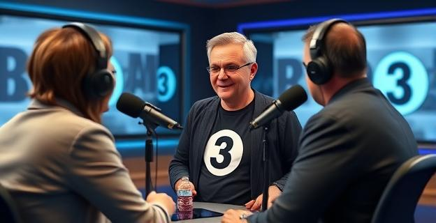 Un hombre de 53 años con una camiseta de Radio 3 y una cazadora negra hablando con dos locutores en un estudio de radio