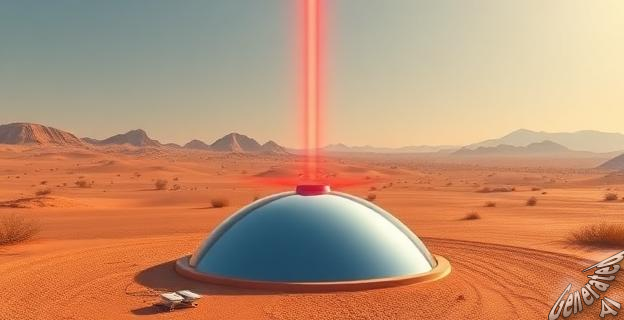 Ilustración de un rayo láser infrarrojo apuntando a un espejo que dirige la luz a células solares situadas a 8.6 kilómetros de distancia, con un fondo de paisaje desértico.