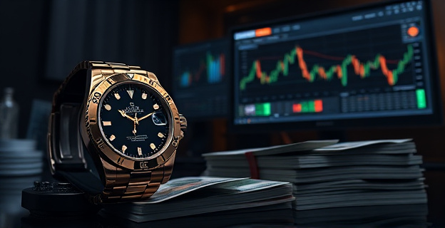 Imagen de un Rolex de alta gama junto a un montón de billetes y una pantalla de ordenador mostrando gráficos de criptomonedas en un entorno oscuro y sofisticado.