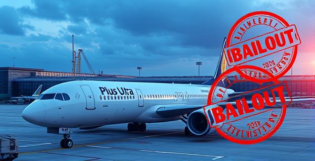 Imagen de un avión de la aerolínea Plus Ultra en un aeropuerto, con gráficos superpuestos mostrando números rojos de pérdidas y un sello de 