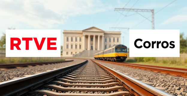 Imagen de una vía férrea en mal estado con un tren pasando a lo lejos, mientras al fondo se ve un edificio institucional representando el Gobierno. A un lado, un logo de RTVE y otro de Correos. La escena transmite descuido y contraste entre infraestructuras.