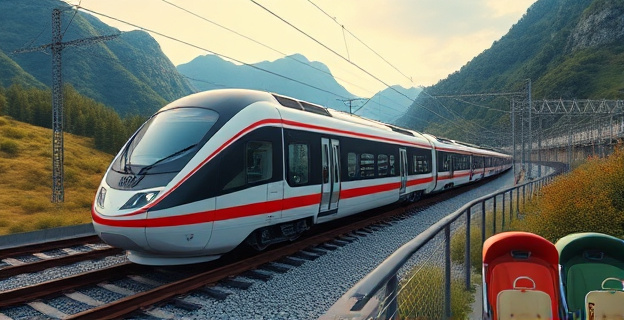 Un tren de alta velocidad en marcha por una vía férrea rodeada de paisaje natural, con pasajeros dentro del vagón moviéndose libremente