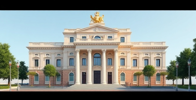 Edificio institucional con sede en Madrid y Córdoba representando una institución cultural y diplomática con problemas financieros y de gestión