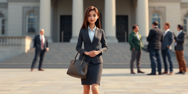 Una mujer con un traje formal y un bolso en la mano, de pie frente a un edificio gubernamental, con un grupo de personas al fondo que parecen estar discutiendo
