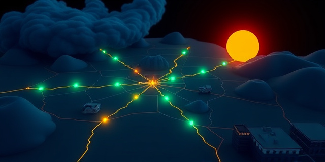 Mapa estilizado de la red eléctrica de Colorado, líneas de alta tensión que se iluminan como carreteras, puntos de conmutación resaltados con luces verdes y rojas, tormenta de viento representada por ráfagas de color azul oscuro, edificios con luces apagadas y un gran sol de color naranja que simboliza la energía que falta.