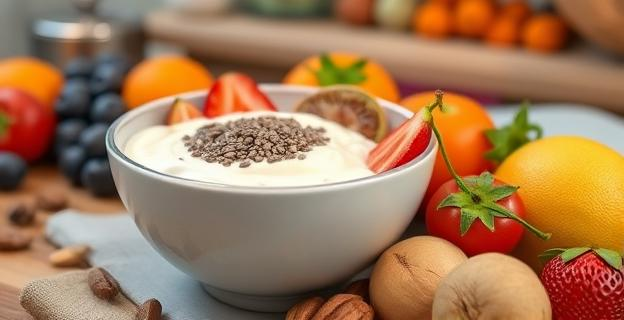 Imagen de un tazón con yogur y semillas de chía hidratadas, rodeado de frutas frescas y nueces, con un fondo de cocina saludable.