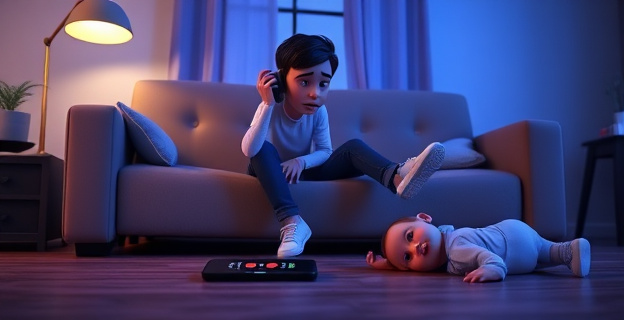 Una persona hablando por teléfono con expresión de pánico mientras está sentada en un sofá, con un niño pequeño jugando en el suelo cerca, y un teléfono adicional en el suelo con la pantalla mostrando una llamada a 911.