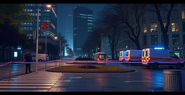 Un parque urbano por la noche con presencia policial y servicios de emergencia alrededor de un área cercada con cinta de seguridad