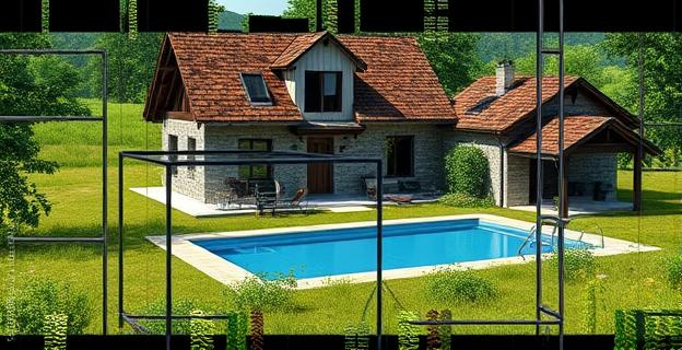 Imagen de un chalet en demolición en un terreno rural con piscina y barbacoa rodeado de vegetación