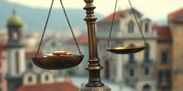 Una balanza antigua, de bronce y pesada, inclinándose peligrosamente hacia un lado, con monedas de oro cayendo por el lado opuesto. El fondo es un paisaje urbano difuminado, representando España. La iluminación es dramática, con sombras marcadas que sugieren tensión.