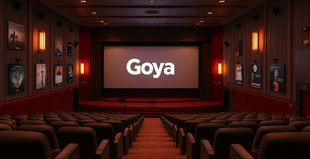 Una sala de cine vacía con una pantalla que muestra un logotipo de los Goya, rodeada de carteles de películas españolas y con un ambiente de melancolía.