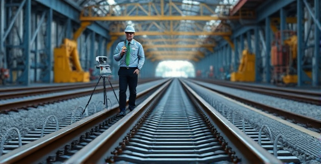 Una imagen conceptual de una vía férrea con un equipo de inspección de soldaduras utilizando un osciloscopio, en un entorno industrial ferroviario