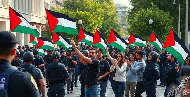 Imagen de manifestantes con banderas palestinas en un campus universitario, con policías y periodistas en el lugar.