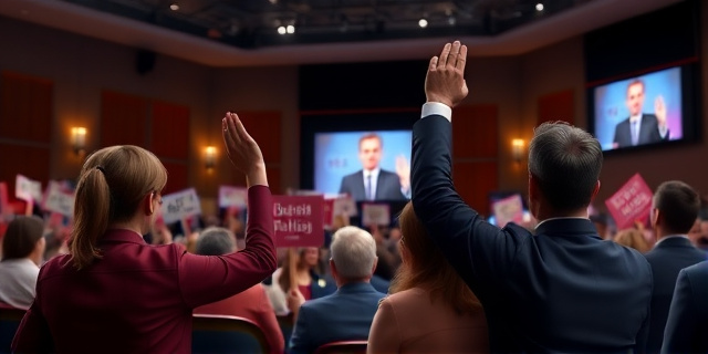 una escena de un debate político en un salón de actos, con una multitud que sostiene carteles de apoyo a una figura femenina, mientras un representante del partido levanta la mano en señal de protesta. Al fondo, un monitor muestra un video con una figura masculina que parece estar grabando. La atmósfera es tensa, con luces tenues y una iluminación que destaca los rostros de los asistentes.