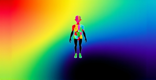 Una representación visual de un espectro de colores que se mezclan gradualmente, simbolizando la diversidad y continuidad del trastorno del espectro autista. En el centro, una figura humana estilizada con múltiples facetas, reflejando la complejidad de las experiencias autistas.