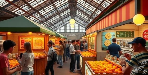 Imagen de un festival gastronómico en el Museo del Ferrocarril con puestos de comida y gente disfrutando de patatas bravas y cervezas.