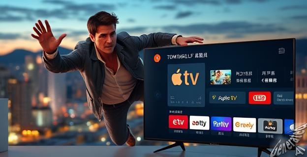 Una imagen de Tom Cruise en una acrobacia imposible, con un fondo de una ciudad en la noche, y en primer plano, una pantalla de televisión con la cartelera de Apple TV o Rakuten TV.