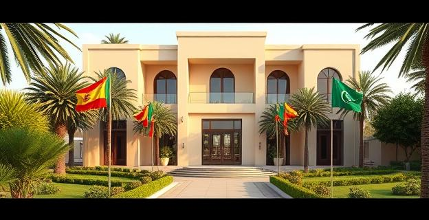 Un hotel de lujo en Marruecos con un jardín exuberante y una arquitectura moderna, con banderas de España y Marruecos ondeando en el exterior