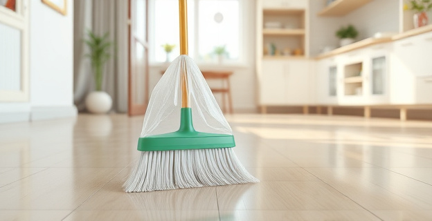 Una escoba con una bolsa de plástico puesta, barriendo un suelo limpio y brillante, con un fondo de una casa organizada y limpia