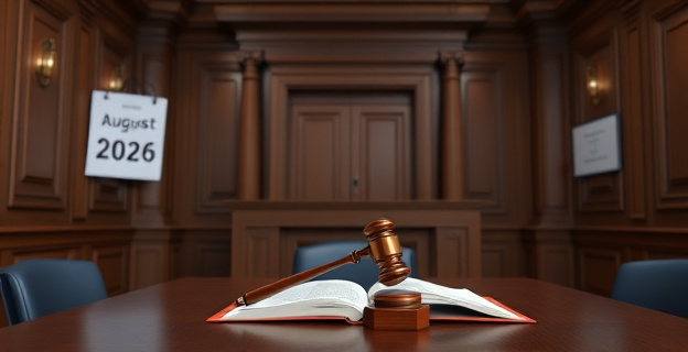 Una sala de tribunal vacía con un martillo de juez sobre la mesa, junto a un libro de leyes abierto y un calendario en la pared mostrando la fecha 30 de agosto de 2026.