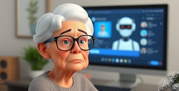 Una mujer de 63 años con gafas y semblante preocupado frente a una pantalla de computadora con un chatbot de atención al cliente.