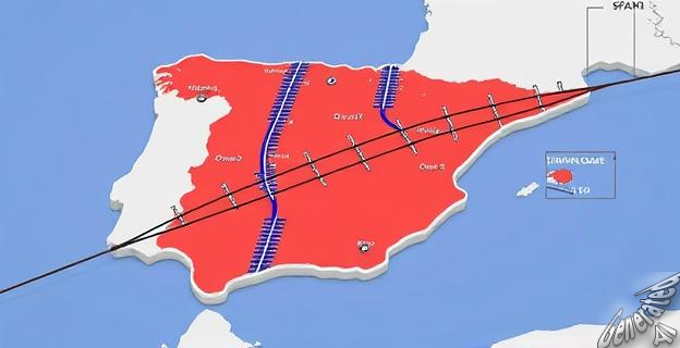 Un mapa de España con vías férreas de diferentes anchos, destacándose el ancho ibérico en color rojo y el ancho internacional en color azul.