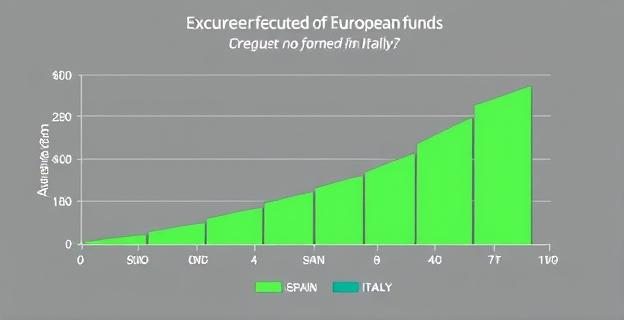 Una imagen de un gráfico que muestra la diferencia en la ejecución de fondos europeos entre España e Italia, con un fondo gris representando la cantidad no ejecutada por España y un fondo verde representando la cantidad ejecutada por Italia.