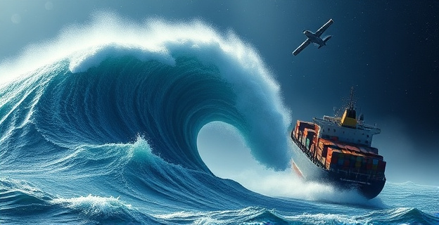 Una ola gigante de 35 metros se eleva en medio de una tormenta en el océano Pacífico, con un barco de carga en el fondo luchando por mantenerse a flote mientras un satélite observa desde arriba.