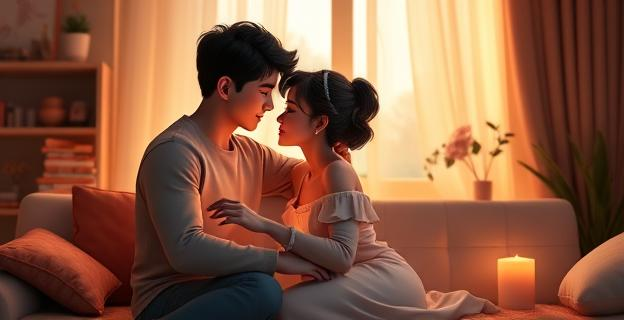 Imagen de una pareja en una habitación íntima con una atmósfera cálida y acogedora, sin mostrar rostros ni detalles explícitos, con elementos que sugieren una relación saludable como flores o velas.
