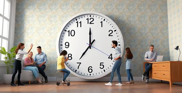 Un reloj en una habitación con diferentes edades de personas realizando actividades cotidianas, con un fondo que cambia de colores y texturas para representar la percepción del tiempo